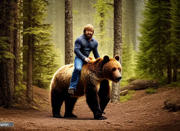 Image similar to photo of chuck norris riding his grizzly bear, in the forest. fantasy magic style. highly detailed 8 k. intricate. life - like. soft light. sony a 7 r iv 5 5 mm.