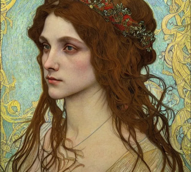 Image similar to detailed realistic beautiful young medieval queen face portrait by jean delville, alphonse mucha, vincent van gogh, and marco mazzoni, art nouveau, symbolist, visionary, gothic, pre - raphaelite