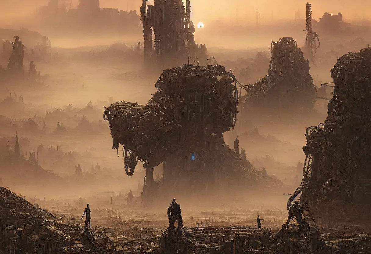 Image similar to cybernetic robot cowboy in a desolate wild west setting at sunset with a futuristic city on the horizon, by daniel - by greg rutkowski and raymond swanland hr giger and zdzislaw beksinski and alphonse mucha and moebius, matte painting, hyperdetailed, symmetry, art nouveau, beautiful render, concept art