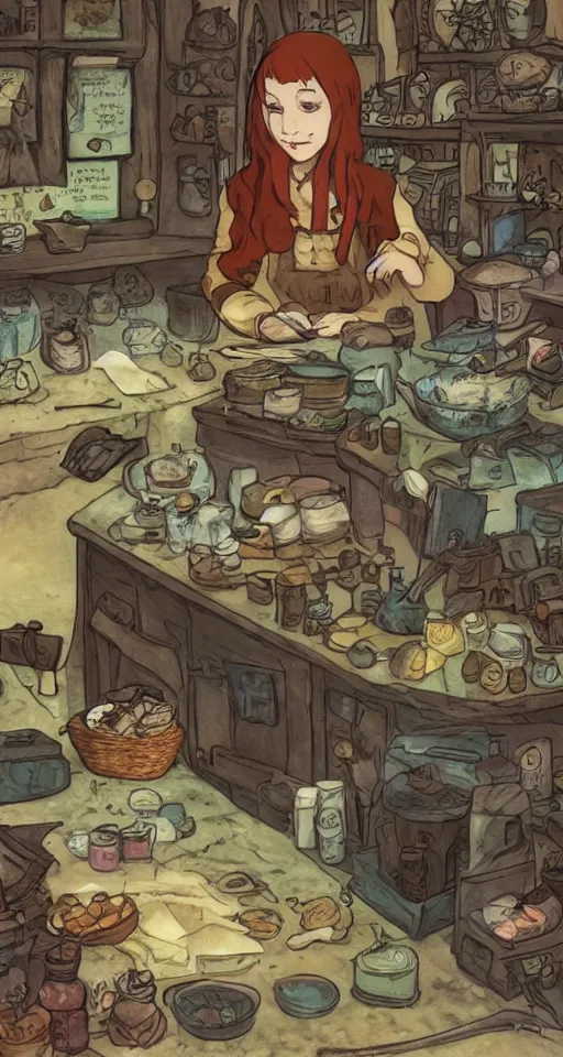 Image similar to close - up of a redhead seller at the counter in the small witch shop, with an owl, counter, cauldrons, potions, highly detailed, sharp focus, matte painting, by studio ghibli, by giovani magana, by rutkowsky,