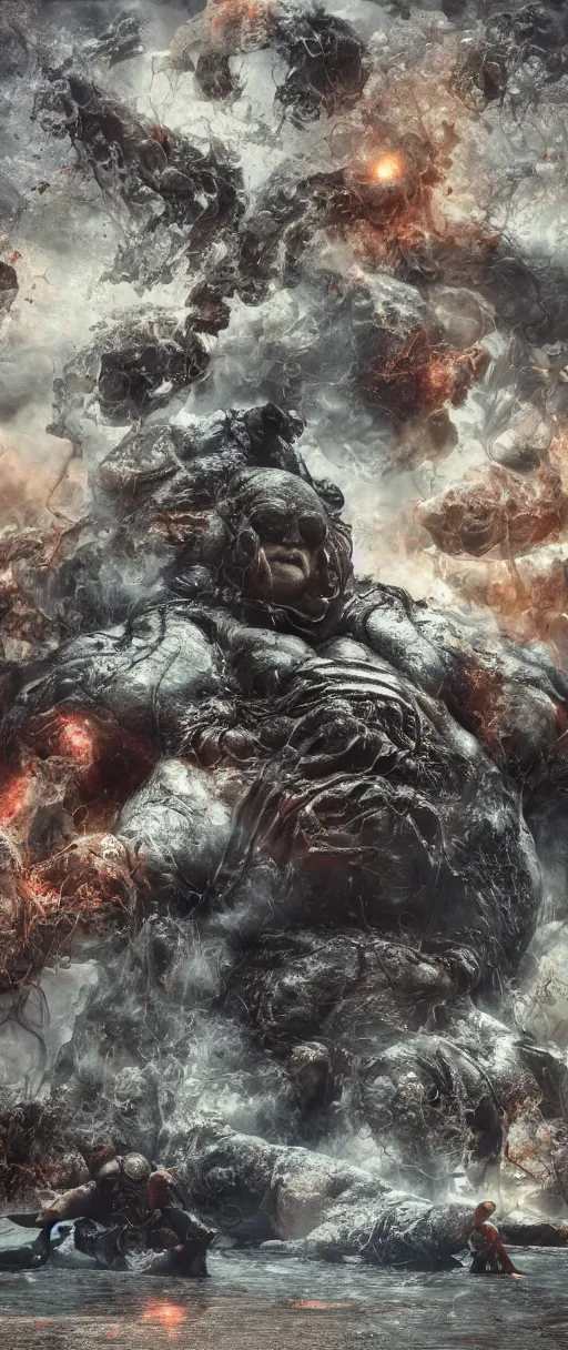 Prompt: baron harkonnen floats above a pool of the mods of stable diffusion immersed in black oil, screaming, as parts of the bodies melt into the oil like sludge, designed by moebius yasushi nirasawa, hdr, 8 k, bokeh, octane render, mist, sanitarium hrgiger background