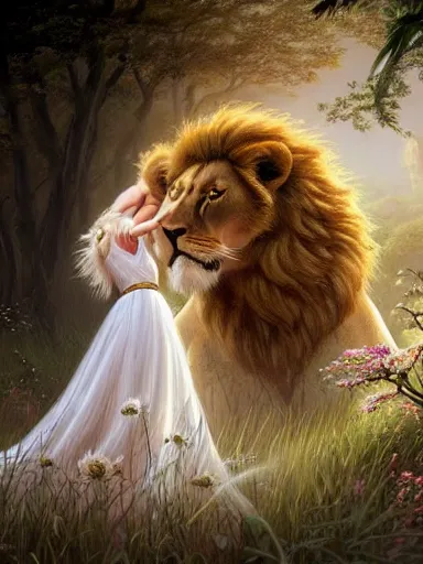 Prompt: a woman and a lion, wearing a cute white dress adorned with flowers, hugging a ferocious lion. intricate, elegant, highly detailed, digital painting, artstation, concept art, sharp focus, illustration, by justin gerard and artgerm, 8 k