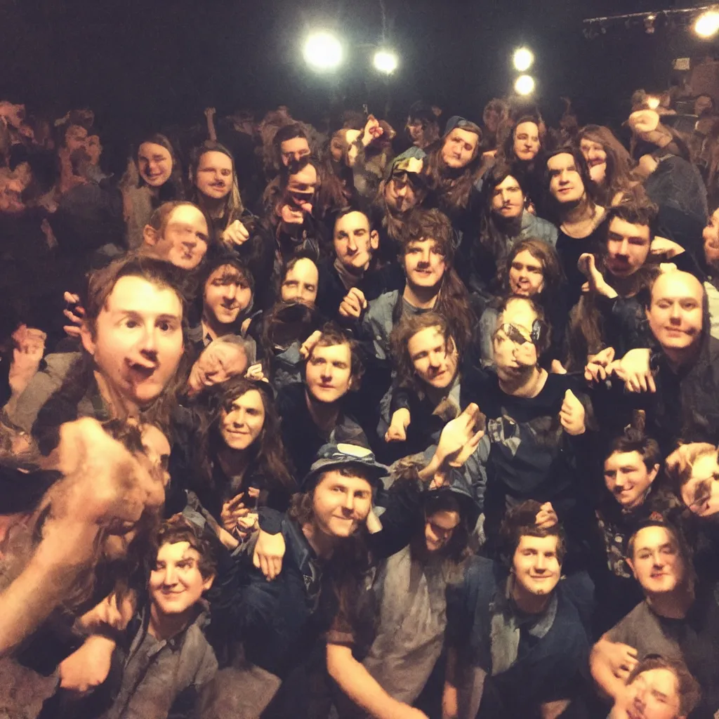 Prompt: front row at a The Front Bottoms concert, bad lighting, cell phone camera