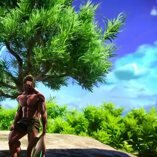 Prompt: handsome, muscular jesus sitting under an olive tree in the style of jojo's bizarre adventure anime unreal engine: .4
