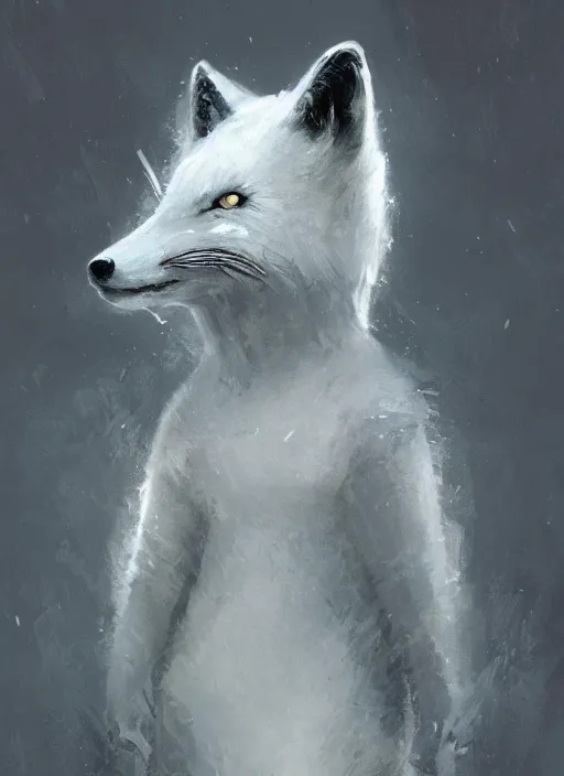 Image similar to character concept portrait of a bipedal Arctic Fox, dark fur, Paladin with in full metal armor with a sword and shield, a blizzard drifts through the forest behind her, intricate, elegant, digital painting, concept art, smooth, sharp focus, illustration, from Metal Gear, by Ruan Jia and Mandy Jurgens and William-Adolphe Bouguereau, Artgerm