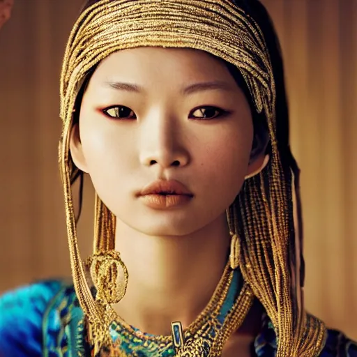 Image similar to portrait of a stunningly beautiful asian tribal female, depth of field, zeiss lens, detailed, symmetrical, centered, fashion photoshoot, by annie leibovitz and steve mccurry, david lazar, jimmy nelsson, breathtaking, 8 k resolution, extremely detailed, beautiful, establishing shot, artistic, hyperrealistic, beautiful face, octane render