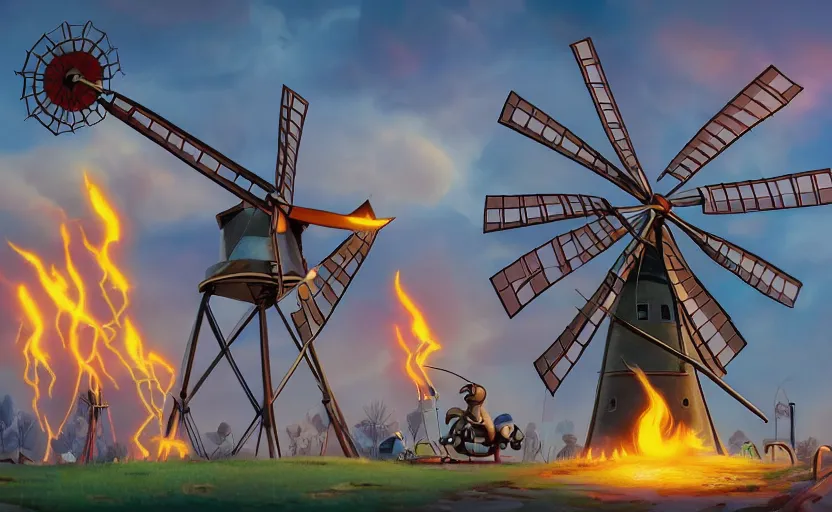 Image similar to a windmill, 1 9 2 0 s rubber hose cartoon style, looney tunes, silly symphony, robot, fire, ash, electricity lightning, furry, soft, concept art, sharp focus, intricate details, highly detailed, photorealistic, disney pixar, octane render, iridescent, anime, 8 k