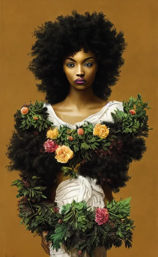 Image similar to surrealism, beautiful black woman with curly hair, holding flowers, hyper realism, muted colours, rococo