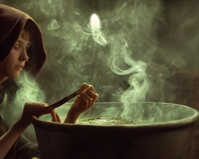 Image similar to close up portrait, dramatic lighting, concentration, calm confident teen witch and her cat mixing a spell in a cauldron, a little smoke fills the air, a witch hat and cape, a little green smoke is coming out of the cauldron, ingredients on the table, apothecary shelves in the background, still from harry potter