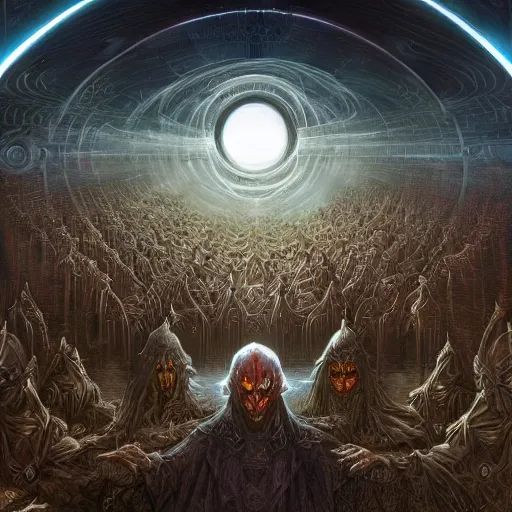 Prompt: a quantum computer, a dark cabal of multiple hooded elven mystics in long robes gathered in a circular formation around a quantum computer, highly advanced technology, dan seagrave, michael whelan art, beautifully detailed epic scifi fantasy art, symmetrical, cgsociety, artstation