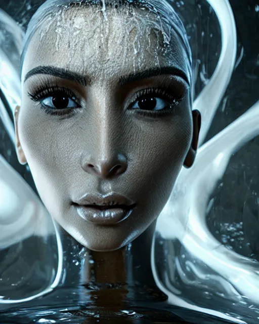 Image similar to cinematic full - body - shot still of kim kardashian unconscious in a transparent alien liquid, wet flowing hair, gooey skin, illustration, unreal engine 5, 8 k, made by h. r. giger.