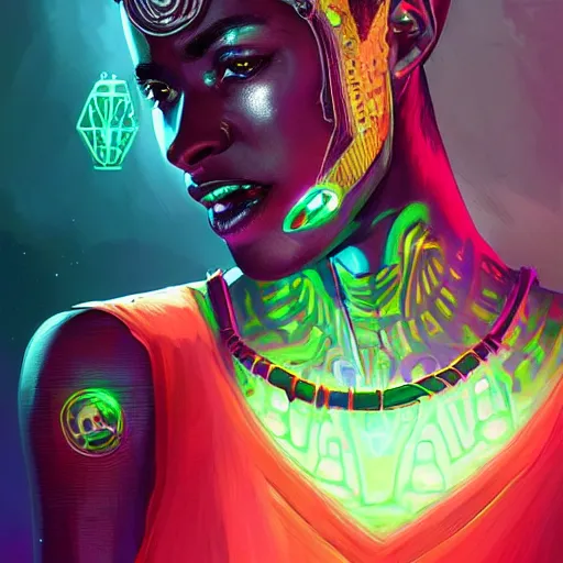 Image similar to african neon necromancer, science fiction, highly detailed, digital painting, beautiful eyes, symmetry, concept art, sharp focus, illustration, global illumination, radiant light, synthwave colors, detailed and intricate environment, art by artgerm and greg rutkowski and magali villeneuve and ilya kuvshinov!