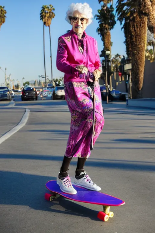 Image similar to a portrait of a fashionable gran on a skateboard in los angeles