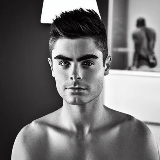 Image similar to “a realistic detailed photo of a guy who is an attractive humanoid who is half robot and half humanoid, who is a male android, Zac Efron, shiny skin, clear eyes”