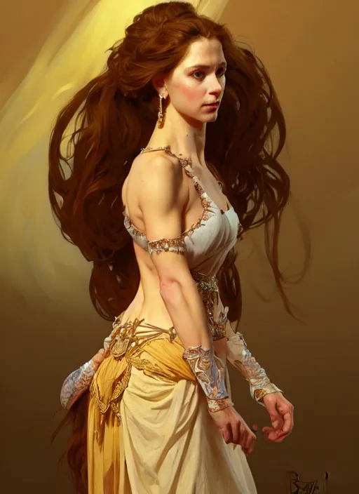 Image similar to portrait of a full body of beautiful female princess, d & d, baroque dress, flat lighting, intricate, muscular, highly detailed, digital painting, artstation, concept art, smooth, sharp focus, illustration, art by simon bisley and greg rutkowski and alphonse mucha, natural tpose