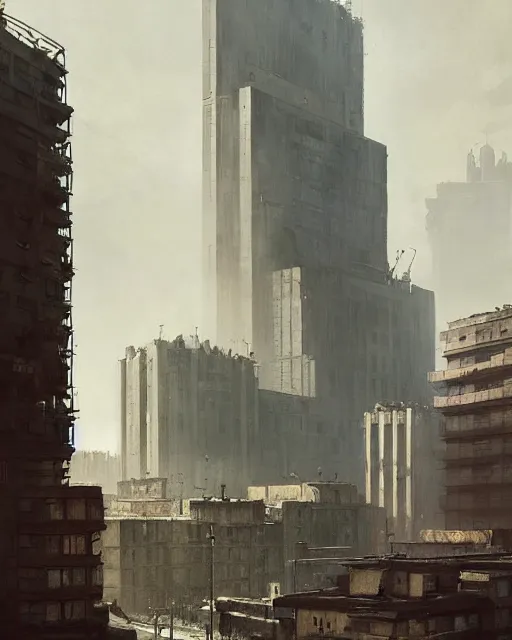 Prompt: brutalist dirty poor polluted city of warsaw, poland. fantasy art by greg rutkowski, gustave courbet, rosa bonheur, edward hopper. faithfully depicted architecture, realistic, sharp focus, global illumination, radiant light, detailed and intricate environment, trending on artstation