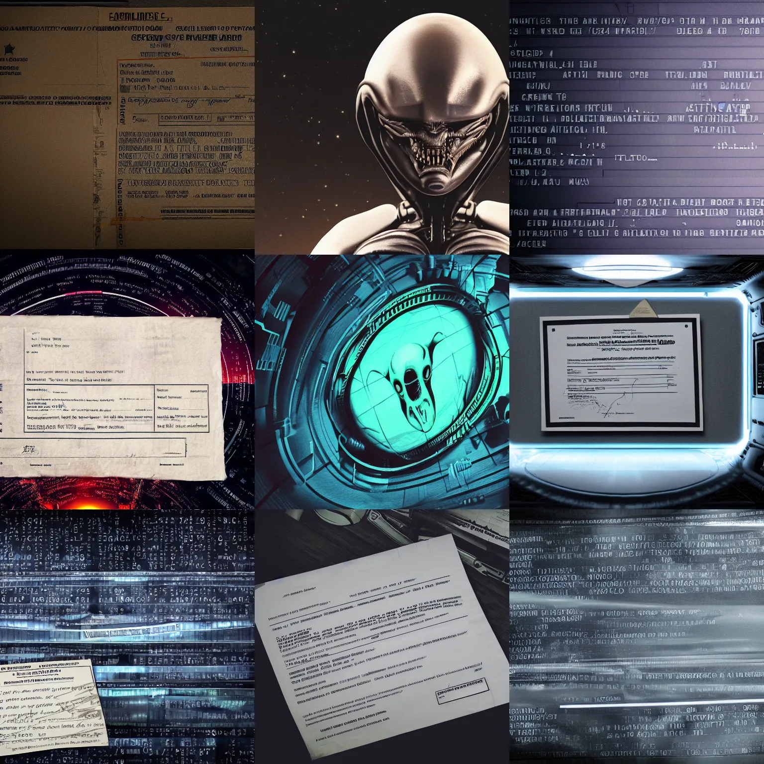 Prompt: photograph of confidential documents with some terrifying information, alien, 4k, HDR
