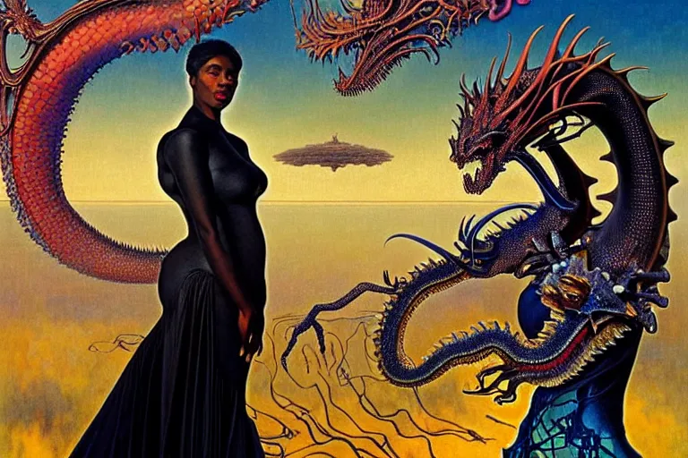 Image similar to realistic extremely detailed closeup portrait painting of a beautiful black woman wearing futuristic dress, dystopian landscape with a mutant dragon on background by Jean Delville, Amano, Yves Tanguy, Alphonse Mucha, Ernst Haeckel, Edward Robert Hughes, Roger Dean, rich moody colours