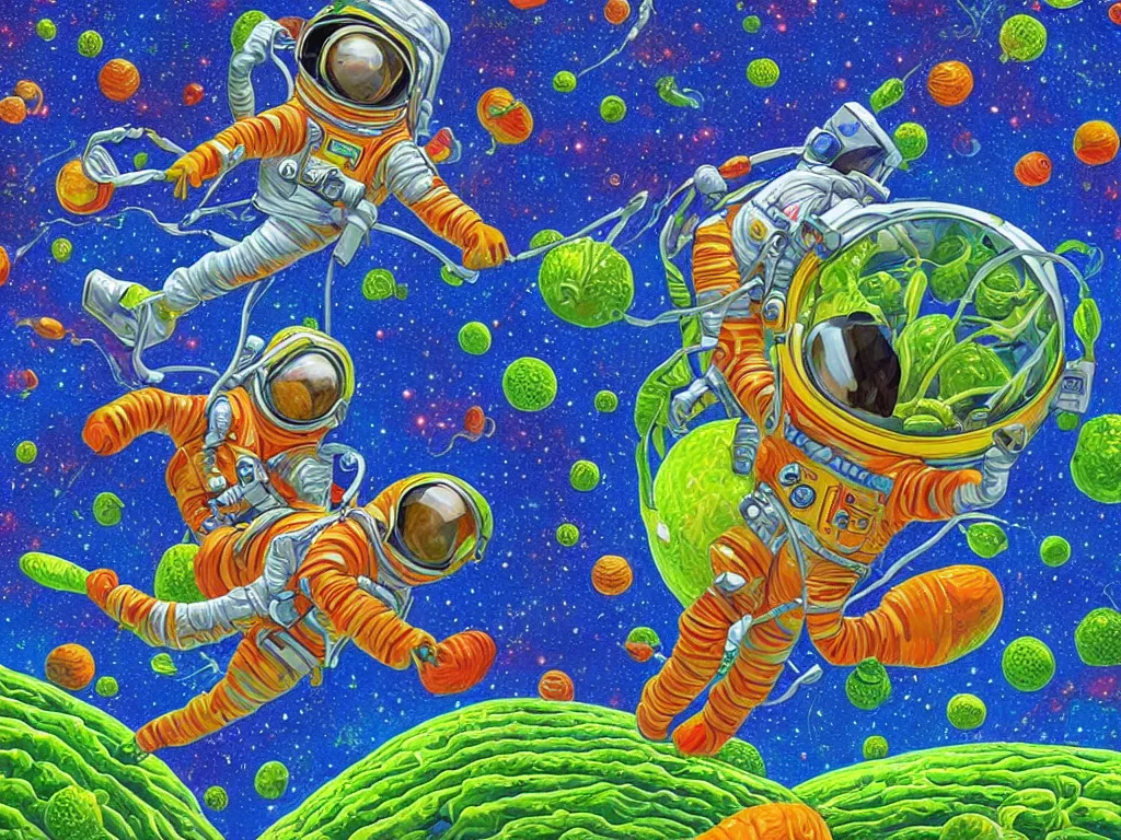 Prompt: a digital painting of an astronaut!!!!!! floating in a bright colorful alien ocean surrounded by limes!!!!!!, sharp focus, retro futuristic, 8 k, highly detailed, lovecraftian by todd schorr