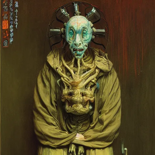 Image similar to style by millais, ( ( ( ( ( ( ( ( by beksinski ) ) ) ) ) ) ) ), portrait painting of mechanical victorian yokai, 8 k, highly detailed, octane render, by millais,