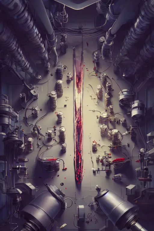 Prompt: top view photorender of many mechanics in lab facility looking at bloody disney mouse head lifted by claw, made by beeple, cgsociety, artgerm, greg rutkowski, highly detailed intricate 4 k art, low light cinematic, octane render, unreal engine, smooth concept art