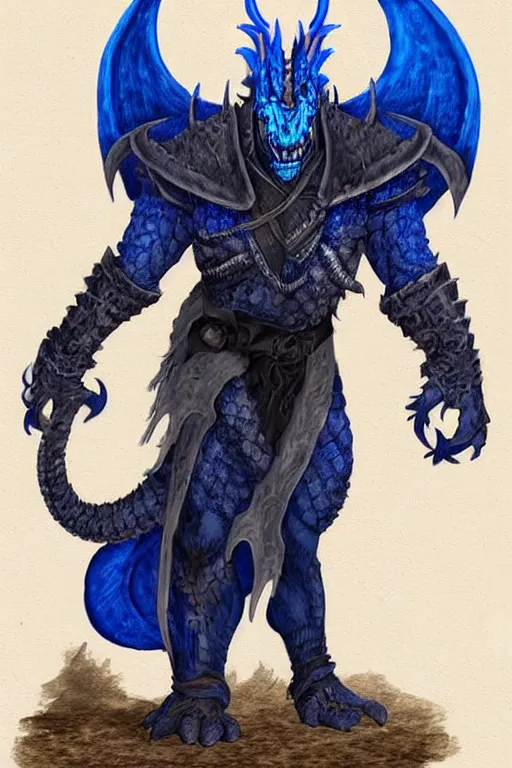 Image similar to a D&D character of a dark blue dragonborn with large tusks, half of his face flaming with blue flame, he wears a black dragon scales armor, D&D art