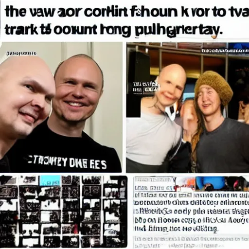 Image similar to billy corgan is seen talking to his friends about going into business together. then billy and mark zuckerberg see an ad in the paper for a house to rent. they are both laughing and trying to decide which to choose