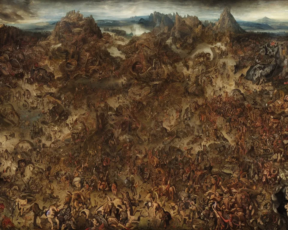 Prompt: doom eternal by jakub rozalski, garden of eternal delights hell by hieronymus bosh, triumph of death by pieter brueghel, doom eternal by hieronymus bosh, sharp focus panorama