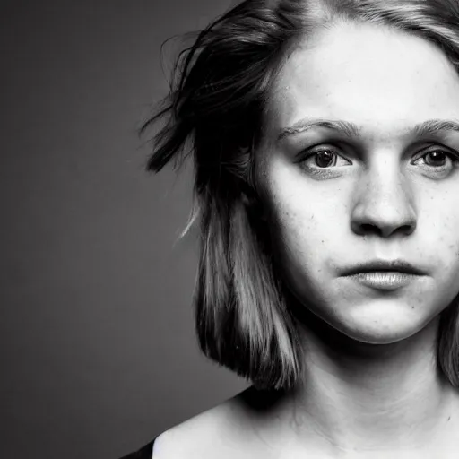 Image similar to an award winning close up portrait of face of cute 1 9 year old white woman with tired eyes, no makeup, strong jawline, skinny, short straight ginger hair in a bob style with no bangs, black t shirt, flash photography, photographed by terry richardson