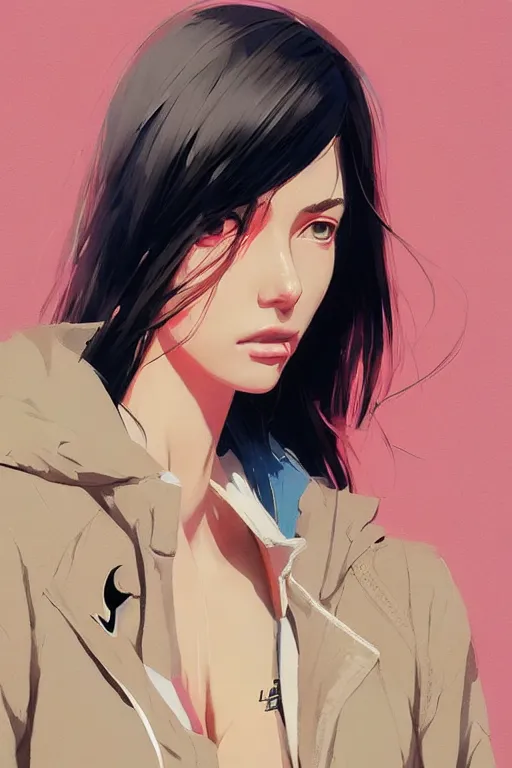 Image similar to a ultradetailed beautiful panting of a stylish woman, she is wearing an oversized nike jacket, by ilya kuvshinov, greg rutkowski, conrad roset and makoto shinkai