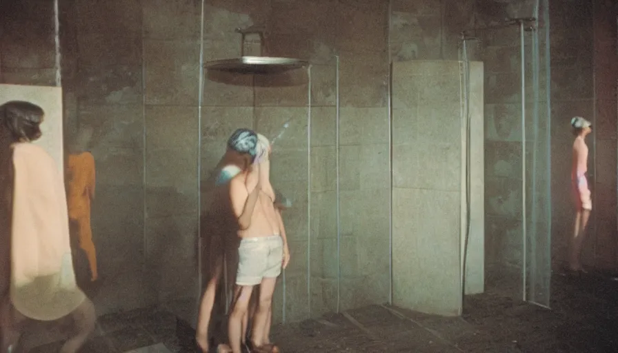 Image similar to 60s movie still of public shower, cinestill 800t 50mm eastmancolor, liminal Space style, heavy grain-s 150