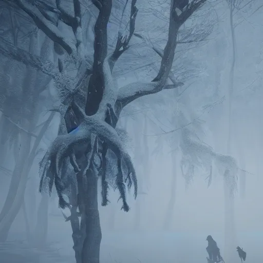 Prompt: the wild hunt, spectres, apparitions, unholy, riding in the sky, bad omen, enchanted forest, blizzard storm, fog, full moon, snowy environment, in the style of the witcher series, hyperrealism, breathtaking, award winning, groundbreaking, octane render, unreal 5, intricate digital art, 8 k hi - res