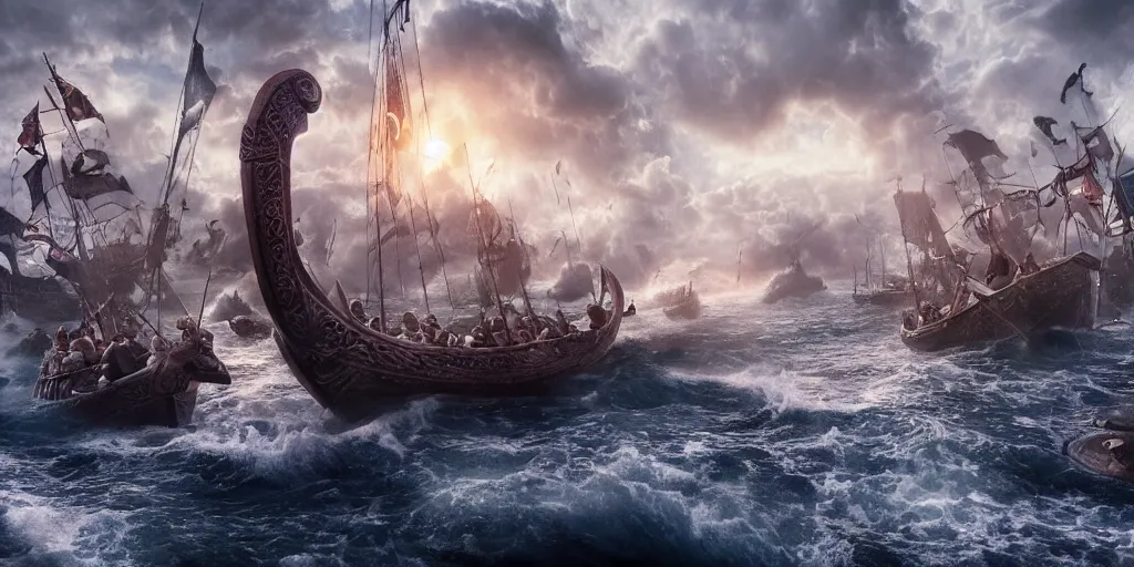 Image similar to An Epic viking sea battle, realistic 4k octane beautifully detailed render, 4k post-processing, highly detailed, intricate complexity, epic composition, magical atmosphere, cinematic lighting, masterpiece, ultra hd