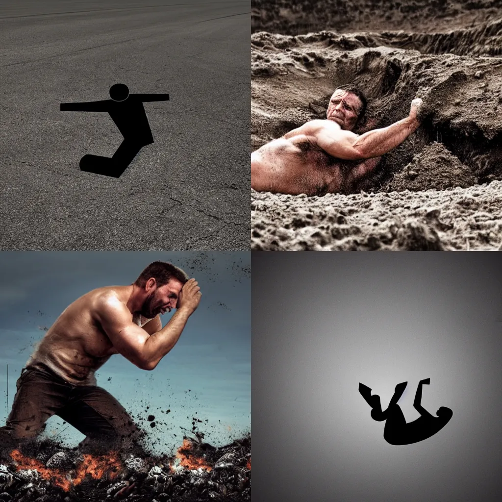 Prompt: a strong man falling down an endless pit realistic