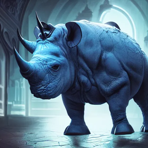 Prompt: An adorable blue rhino wearing warlock garments, intricate artwork by Tooth Wu and beeple, greg rutkowski and artgerm and justin gerard, cinematic, hyper realism, high detail, octane render, unreal engine, 8k, Vibrant colors, Smooth gradients, High contrast, depth of field, aperture f2.8