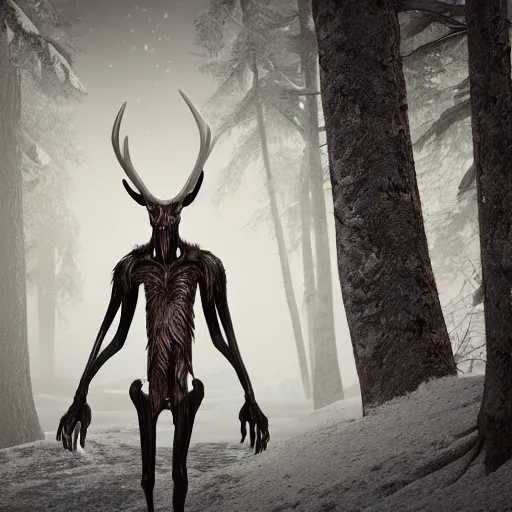 Image similar to a wendigo, 3 d render, octane, ray tracing, ultra high resolution, ultra detailed, photorealistic, 8 k