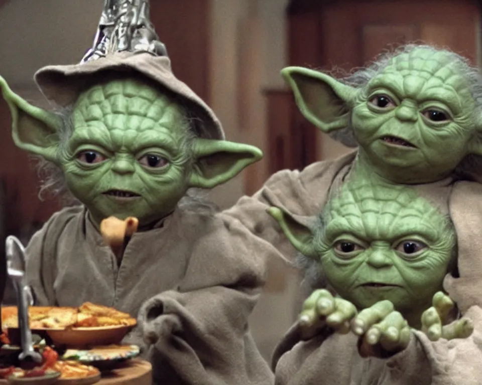 Image similar to yoda hosts a cooking show, scene from a horror movie