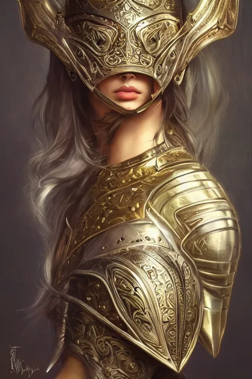Prompt: attractive young female wearing an ornate metallic helmet, clothed in battle armor, olive skin, long dark hair, beautiful bone structure, symmetrical facial features, intricate, elegant, highly detailed, digital painting, trending on Artstation, concept art, smooth, sharp focus, illustration, art by artgerm and greg rutkowski and alphonse mucha