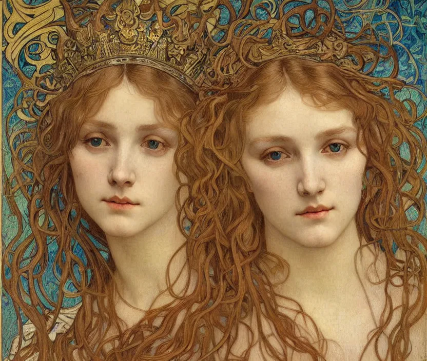 Image similar to detailed realistic beautiful young medieval queen face portrait by jean delville, alphonse mucha, vincent van gogh, and marco mazzoni, art nouveau, symbolist, visionary, gothic, pre - raphaelite