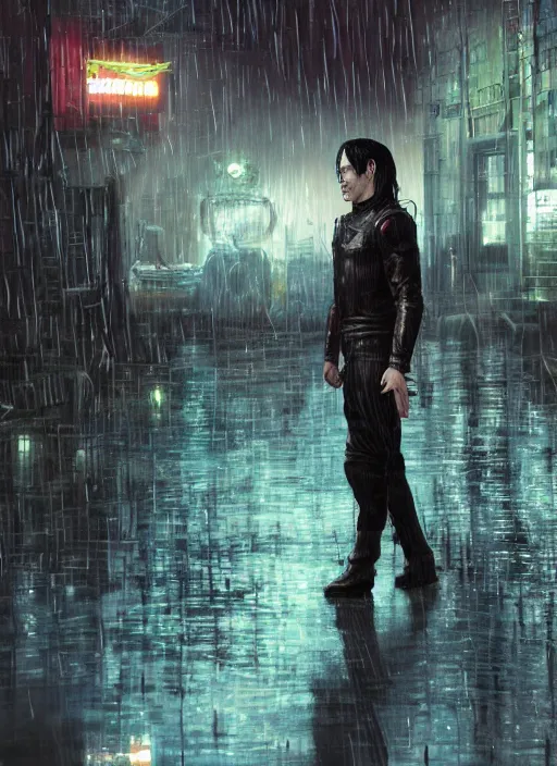 Prompt: An epic fantasy comic book style full body portrait painting of a very beautiful Industrial goth Trent Reznor walking in the rain, neon reflections in the rain puddles, character design by Mark Ryden and Pixar and Hayao Miyazaki, unreal 5, DAZ, hyperrealistic, octane render, cosplay, RPG portrait, dynamic lighting, intricate detail, cinematic