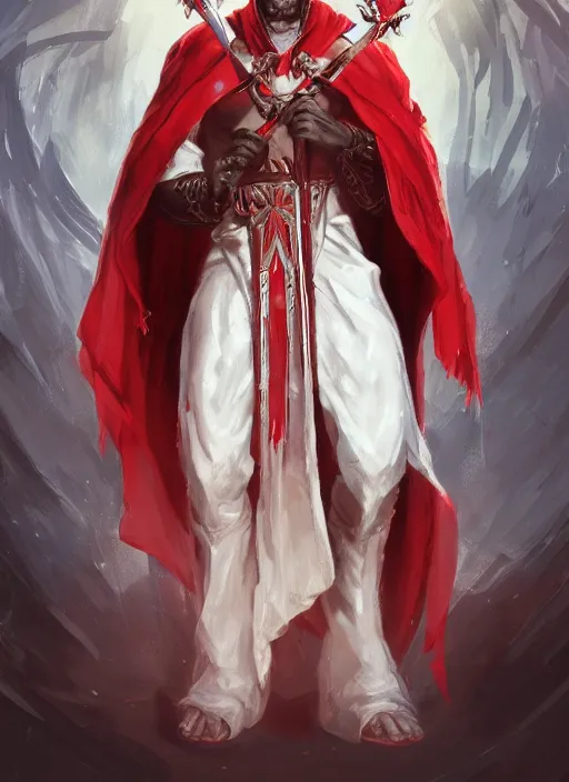 Image similar to a highly detailed illustration of white haired african priest, wearing cross on robe, wielding red blades made of blood, evil standing smiling pose, muscular, intricate, elegant, highly detailed, centered, digital painting, artstation, concept art, smooth, sharp focus, league of legends concept art, WLOP