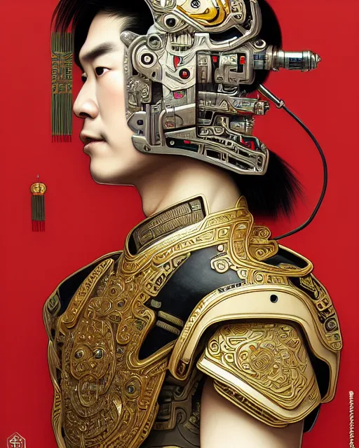 Image similar to portrait of a masculine male cyberpunk machine, machine face, upper half portrait, decorated with chinese opera motifs, asian, fine china, wuxia, traditional chinese art, intricate, elegant, highly detailed, symmetry, headpiece, digital painting, artstation concept art smooth sharp focus, illustration, art by artgerm and greg rutkowski alphonse mucha 8 k