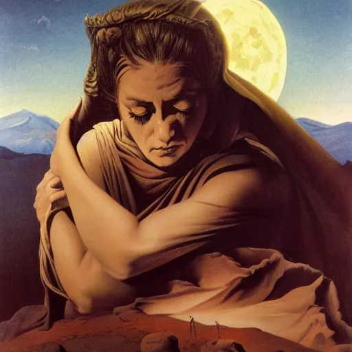 Prompt: sleep of wise old beautiful woman face Desert Spirit, under unresolved evil moon illusion, in the style of Frank Frazetta, Jeff Easley, Caravaggio, extremely clear and coherent, clear lines, 8K resolution, epic masterpiece, detailed, intricate