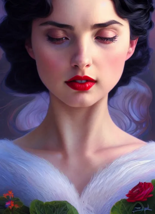 Image similar to disney snow white ( ( ana de armas ) ), dreamscape, girl, masterpiece, intricate, elegant, highly detailed, my rendition, digital painting, artstation, concept art, smooth, sharp focus, illustration, art by artgerm and greg rutkowski and alphonse mucha and uang guangjian and gil elvgren and sachin teng, symmetry!!