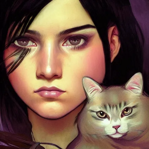 Prompt: emo mexican girl and her cat, with long dark hair, thick straight eyebrows!!! deep dark big shiny eyes and dark circles!, wide nose!, oval face shape, big cheeks! by juan villafuerte, greg rutkowski and alphonse mucha, pexels contest winner, high quality photo, rtx, hd