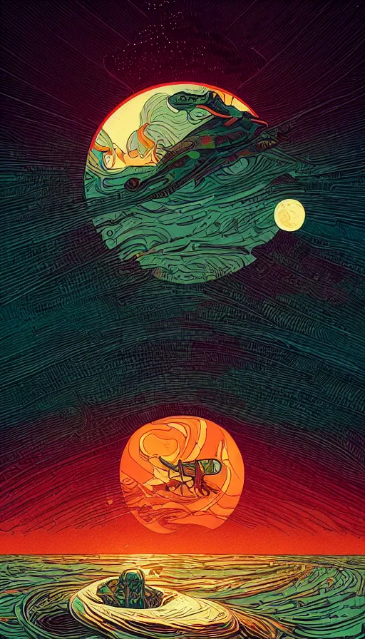 Image similar to sturgeon moon floating on cosmic maelstrom sunset sky, futurism, dan mumford, victo ngai, kilian eng, da vinci, josan gonzalez