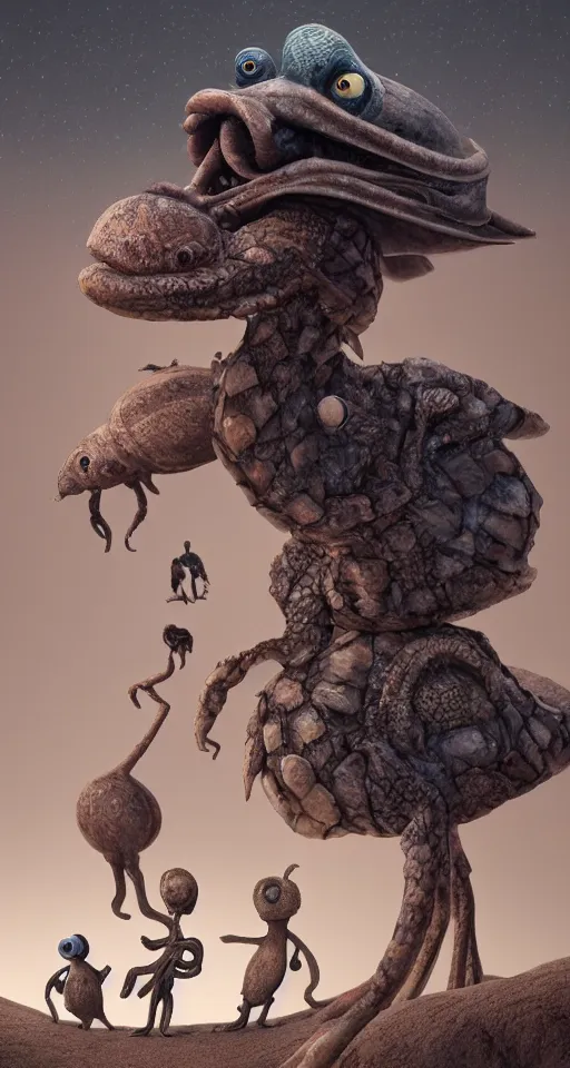 Prompt: a strange bird turtle octopus giraffe chimera creature waiting for the bus with other monsters, on an alien planet, platonic forms, in the style of shaun tan and sam shearon and dr seuss, close up, glossy, beautiful, fantastic, wonderful, science fiction, dramatic lighting, high contrast, fractal background, 3 d sculpture 8 k octane render