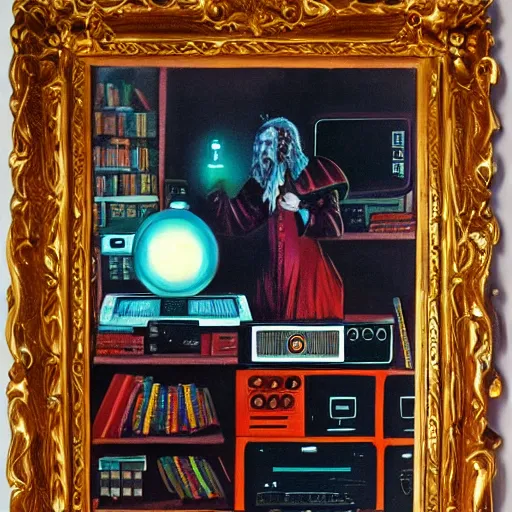 Image similar to book cover of wizard surrounded by crt televisions pvm oil on canvas