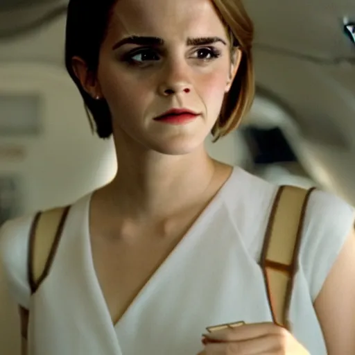 Prompt: emma watson, inside airplane, film still, fujifilm reala