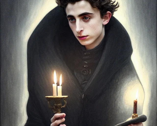 Prompt: a mind - blowing portrait of timothee chalamet, holding a candle holder, wearing dark maritime clothing, long night cap, deep focus, d & d, fantasy, intricate, elegant, highly detailed, digital painting, artstation, concept art, matte, sharp, illustration, hearthstone, art by artgerm and greg rutkowski and alphonse mucha